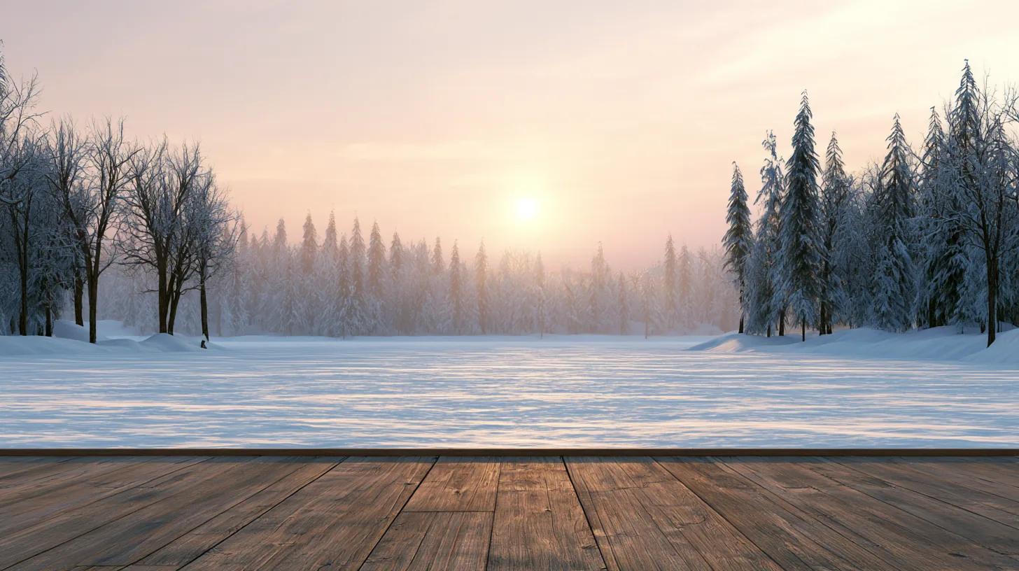 Snow-covered landscape with trees and a frozen lake under a soft sunrise glow, creating a serene winter setting.