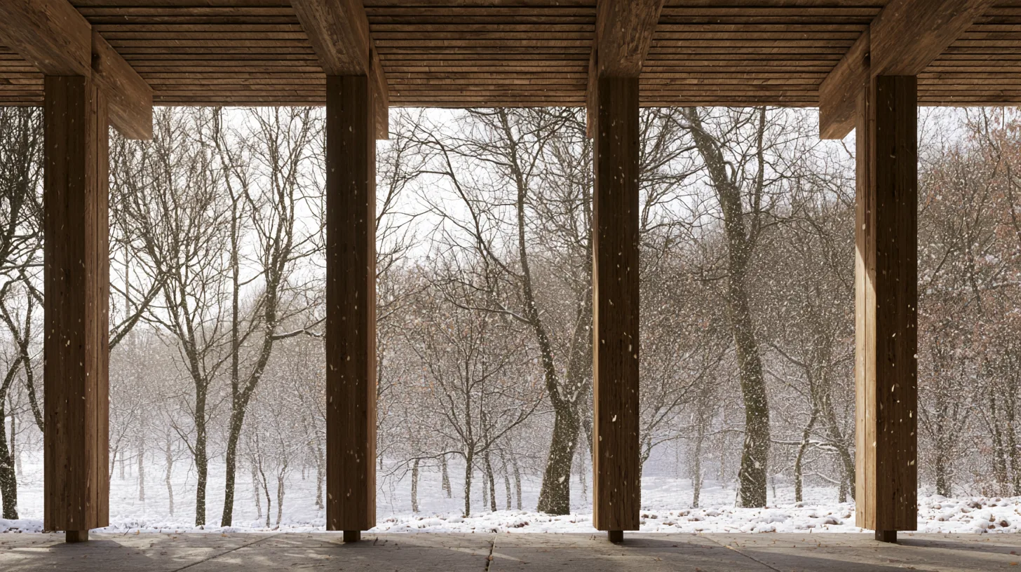 A snowy landscape with trees in the background, creating a calm and serene setting.
