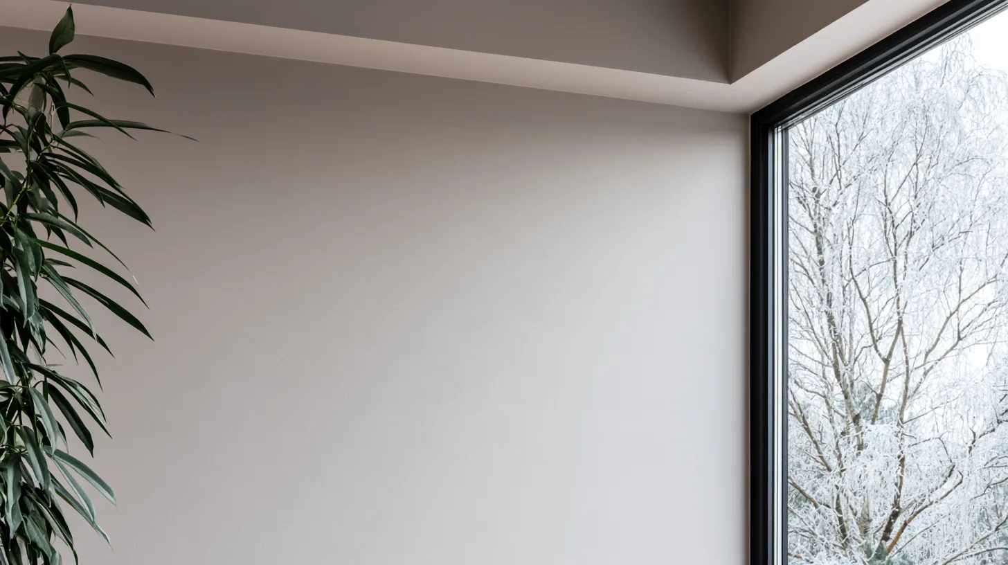 A soft gray wall with natural light coming from a large window, creating a serene atmosphere.