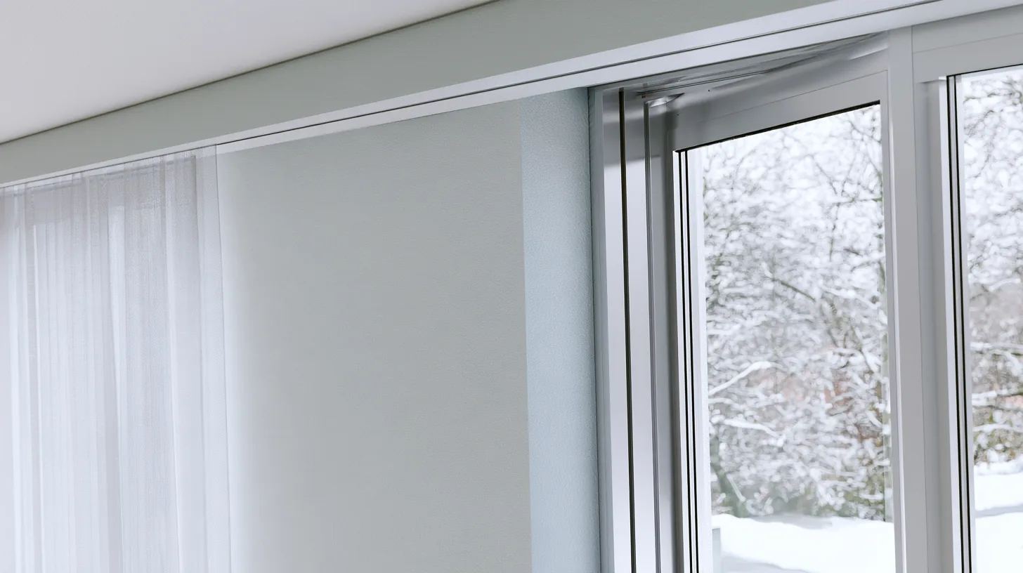 Soft gray wall with a snowy landscape visible through large windows, creating a serene atmosphere.