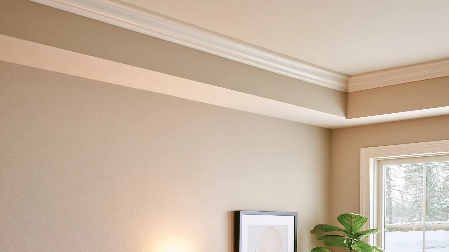 Soft neutral wall with crown molding and a window, creating a professional setting for video calls.