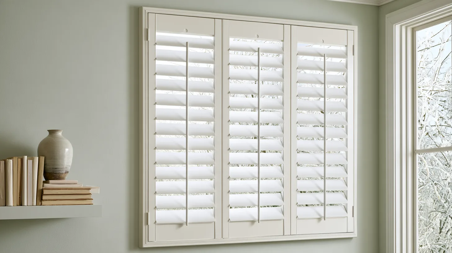 A soft neutral wall featuring elegant shutters and a small shelf with books, designed for corporate video calls.