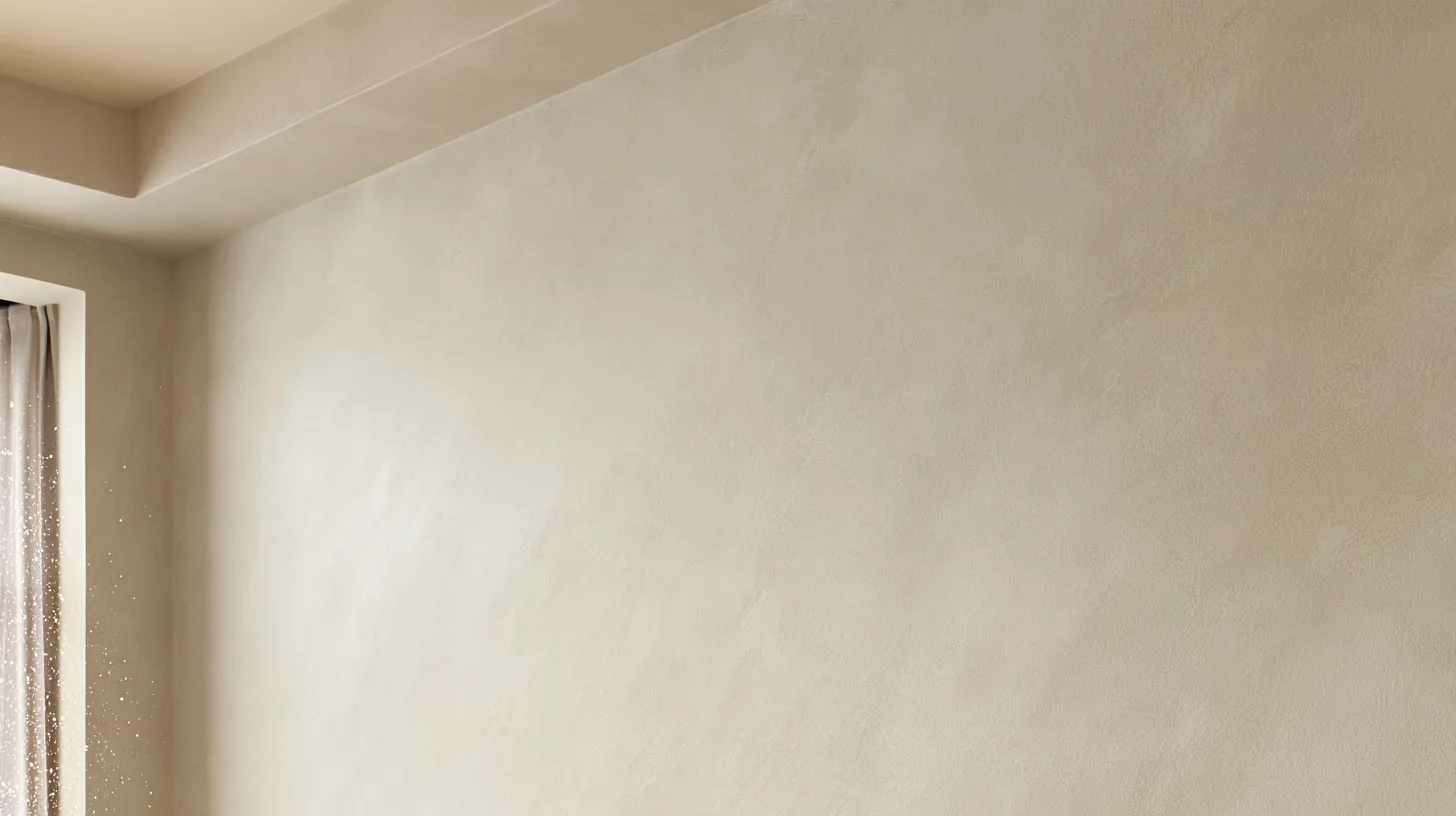 A soft, textured wall in neutral tones, providing a clean and professional backdrop for corporate video calls.