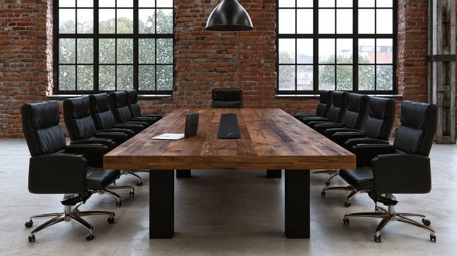 Spacious boardroom with a large wooden table and black leather chairs, large windows providing natural light.