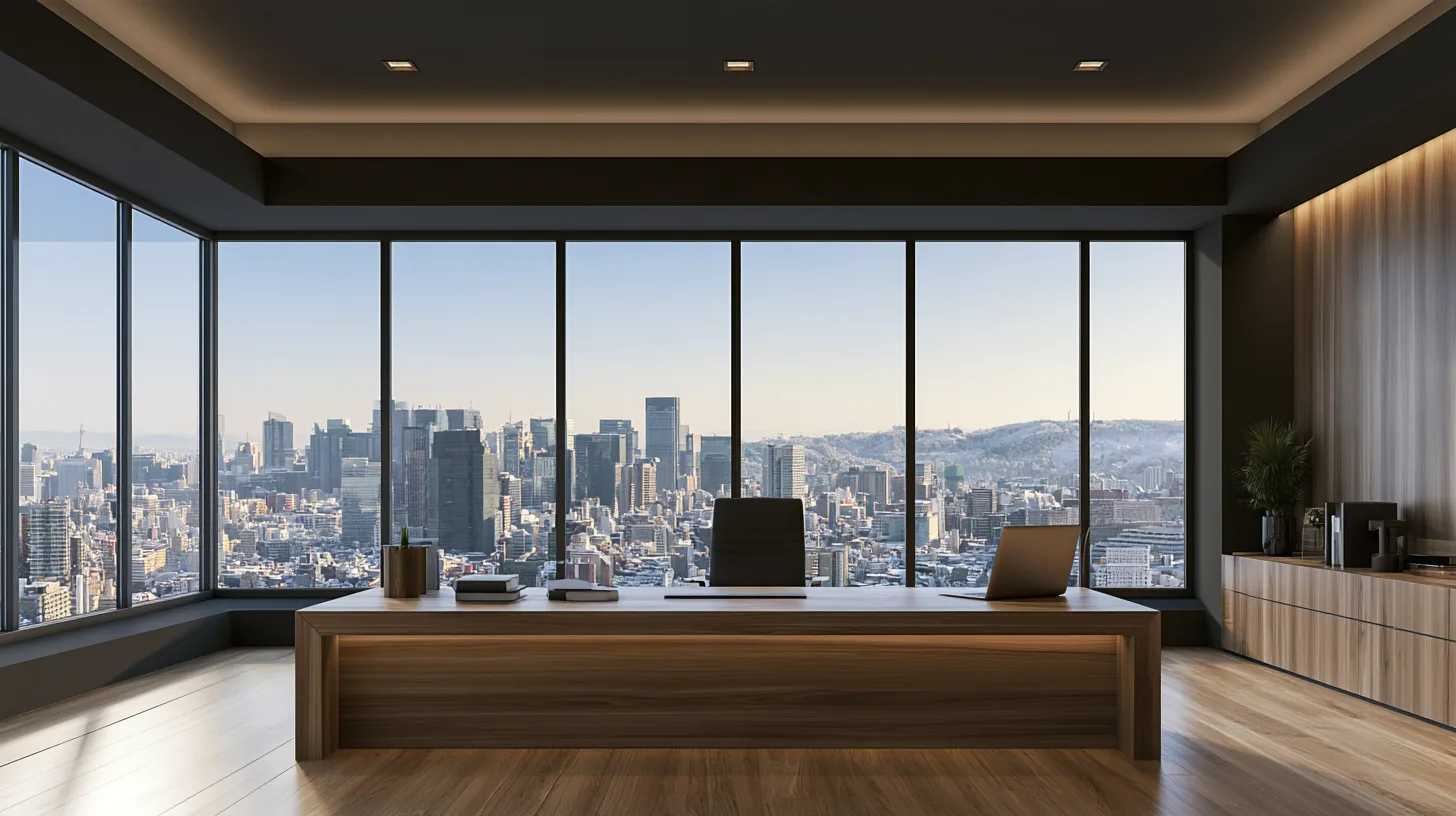 Spacious modern office with large windows overlooking a city skyline, featuring a wooden desk and minimalist decor.