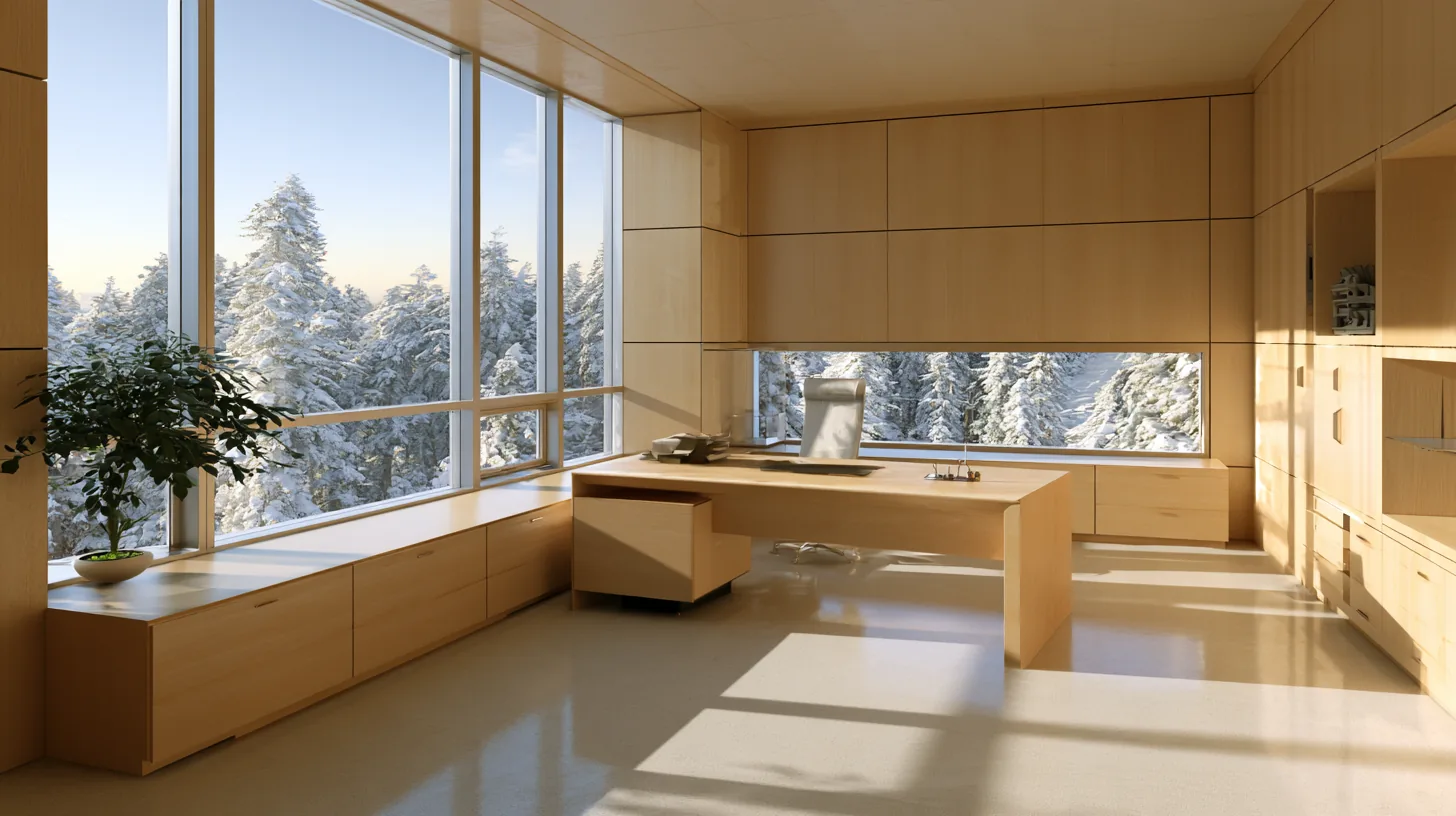 Spacious modern office with large windows showcasing a snowy landscape, featuring light wood furniture and a minimalist design.