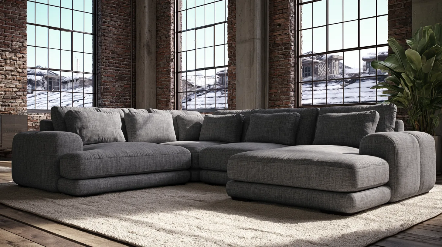 A spacious urban loft with exposed brick walls, large windows, and a cozy gray sectional sofa on a soft rug.