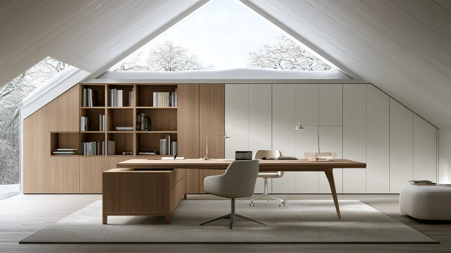 Stylish home office with a wooden desk, chair, and bookshelves, overlooking a snowy outdoor scene through large windows.