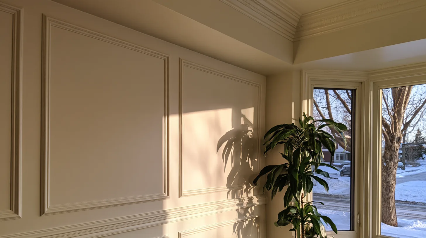 Textured wall in an office space with natural light and a plant, creating a professional atmosphere.