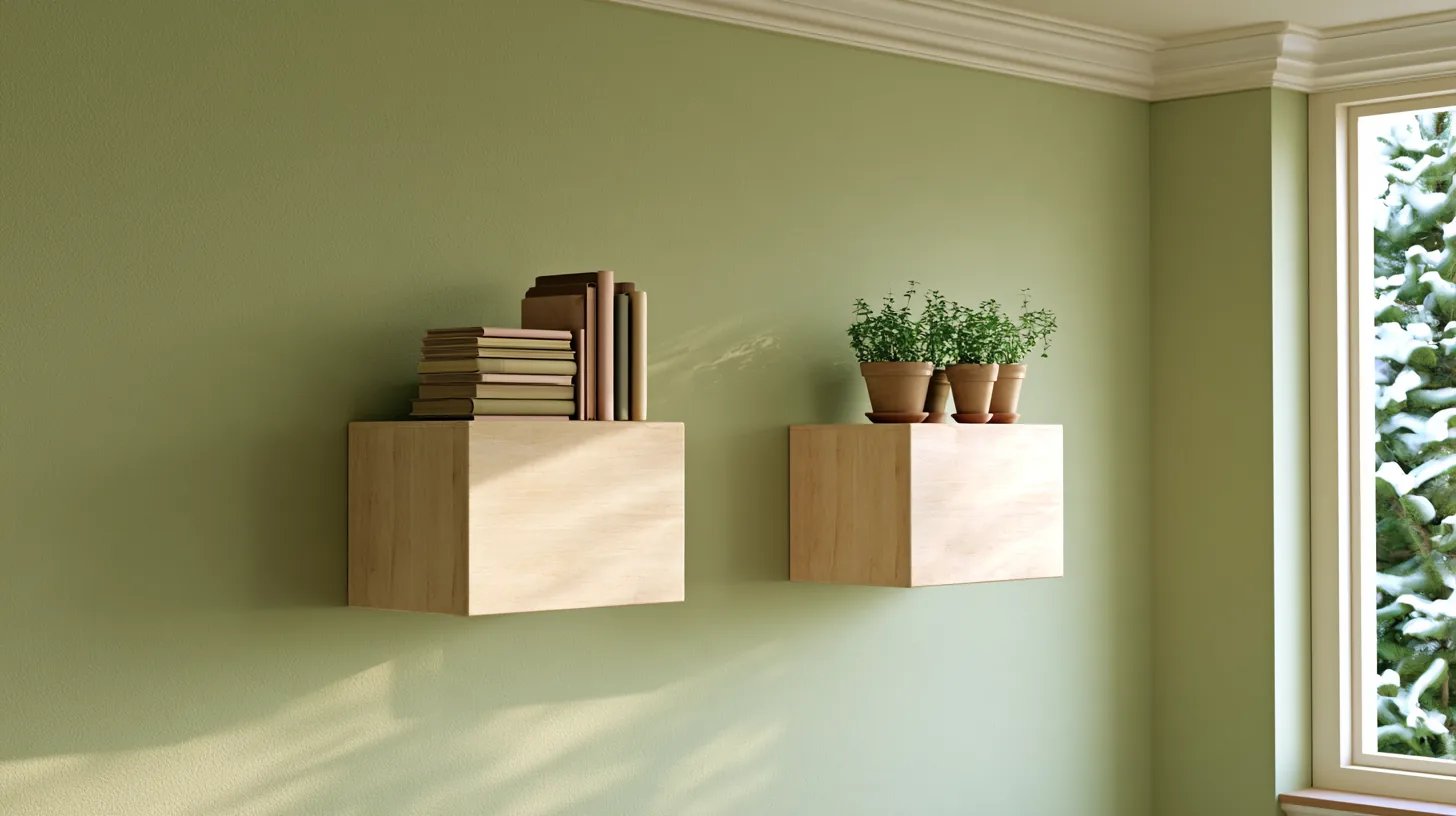 Two wooden wall shelves with books and potted plants against a soft green wall, with snow visible outside the window.