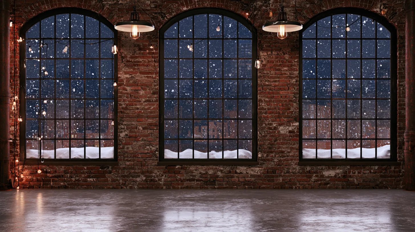 Urban loft interior featuring exposed brick walls and large windows with snow outside, creating a cozy atmosphere.