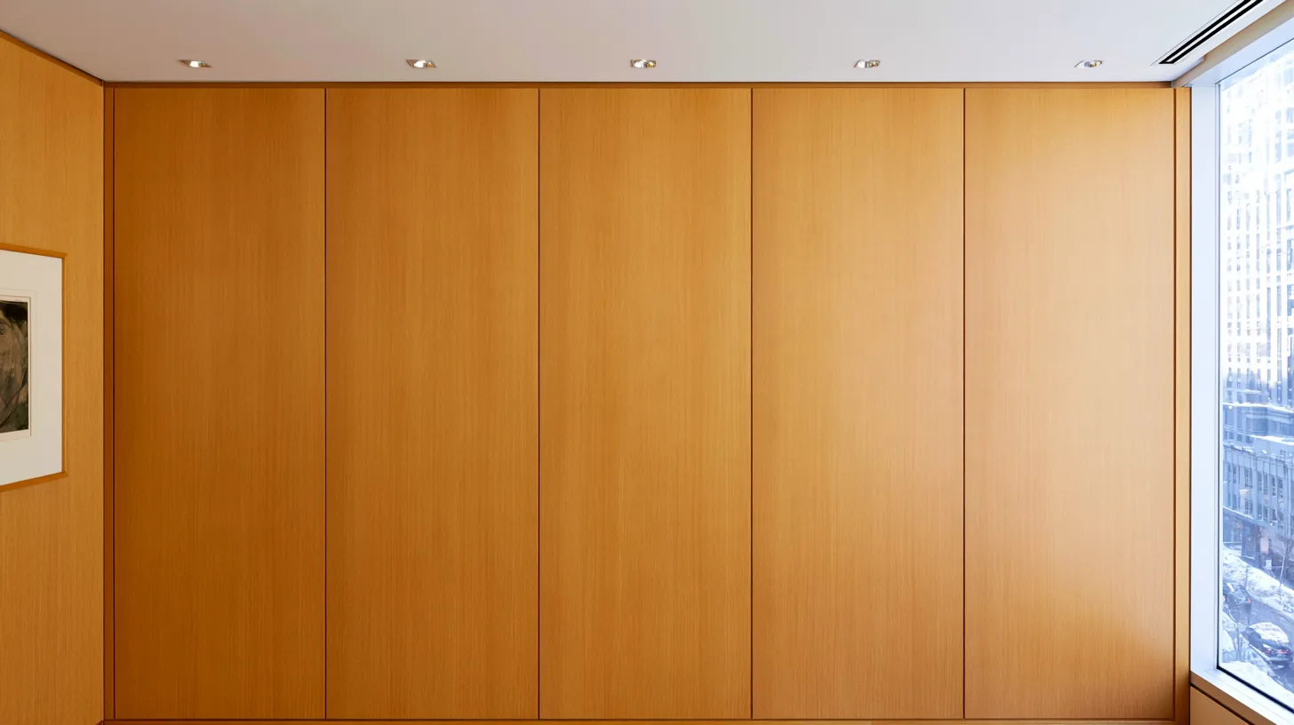 Warm wood paneling fills the frame, providing a professional and inviting backdrop for corporate video calls.