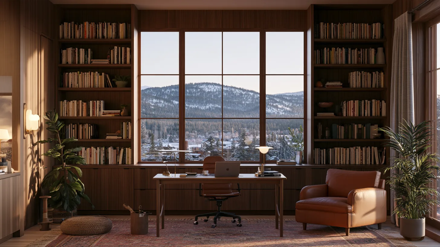 A well-designed executive office featuring a large window with a mountain view, wooden shelves filled with books, and a stylish desk.