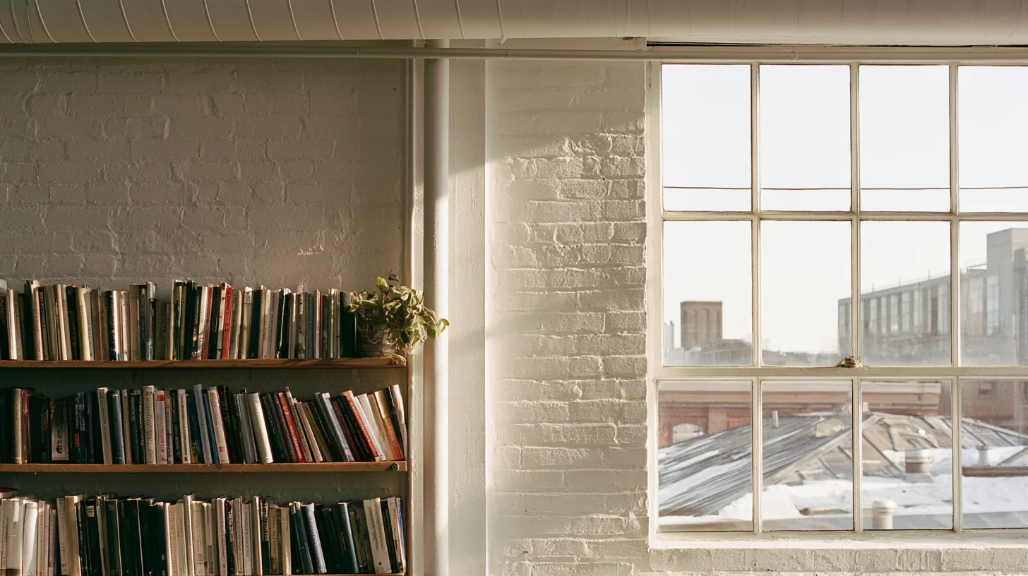 A well-lit room featuring a bookshelf filled with books and a large window allowing natural light to enter.