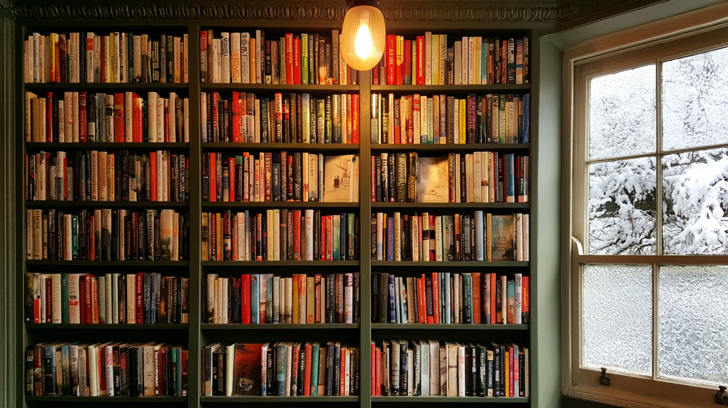 A well-organized bookshelf filled with various books, illuminated by a hanging light, creating a warm and inviting atmosphere.