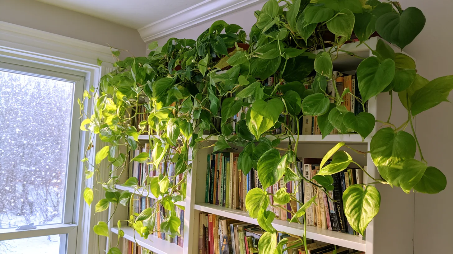 A white bookshelf filled with books, adorned with cascading green plants, creating a lively and inviting atmosphere.
