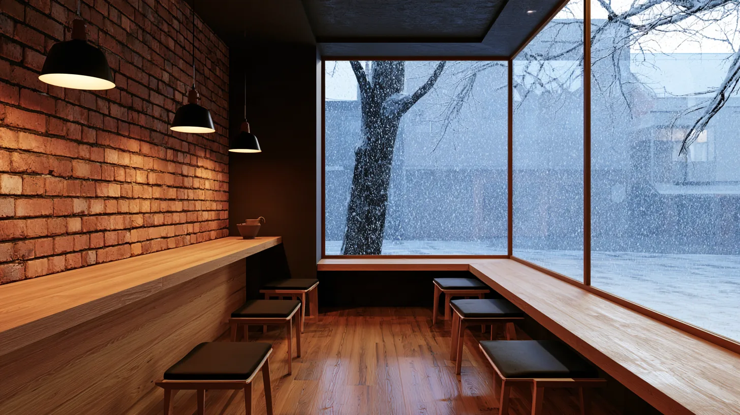 Wooden seating area in an urban loft with a large window showing a snowy landscape outside.